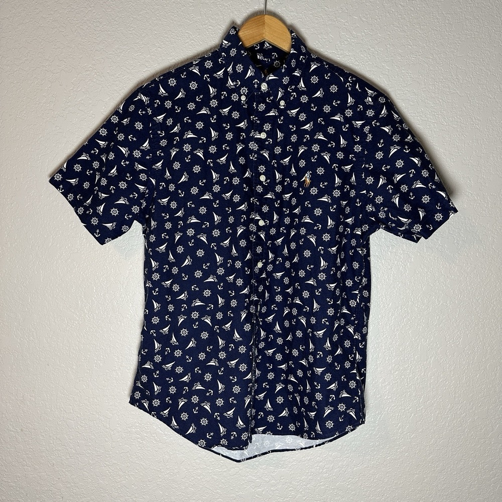 Ralph Lauren Nautical Print Shirt Men M Classic Fit Navy Anchor Sailboat‎ Summer